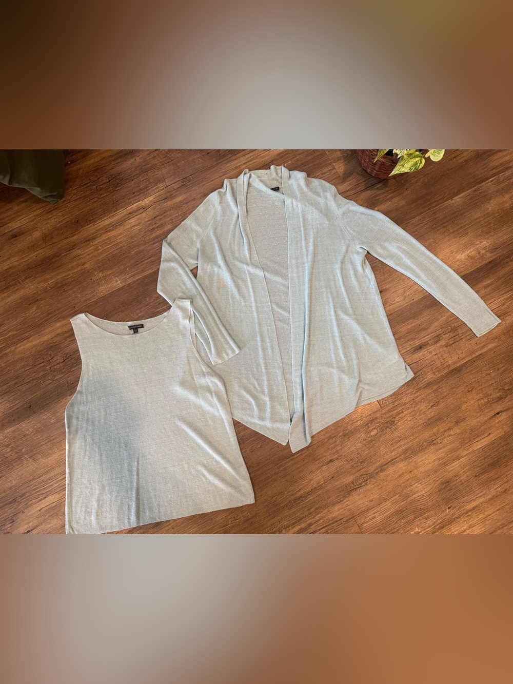 Eileen Fisher Linen Blend Sleeveless Top & Open Front Cardigan Light Blue Sz Lg